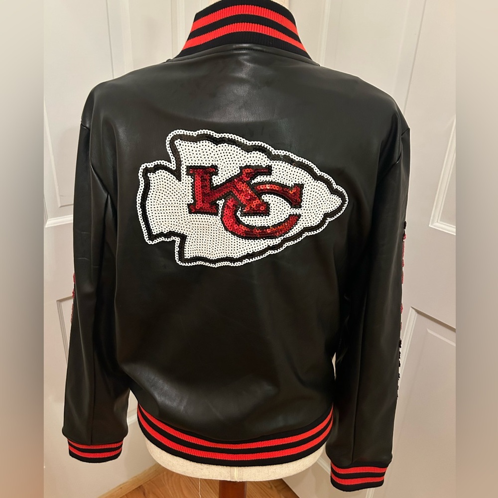 NFL Kansas City Chiefs Sequin Faux Leather Varsity Jacket Women Small‎ Black Red - Picture 9 of 16